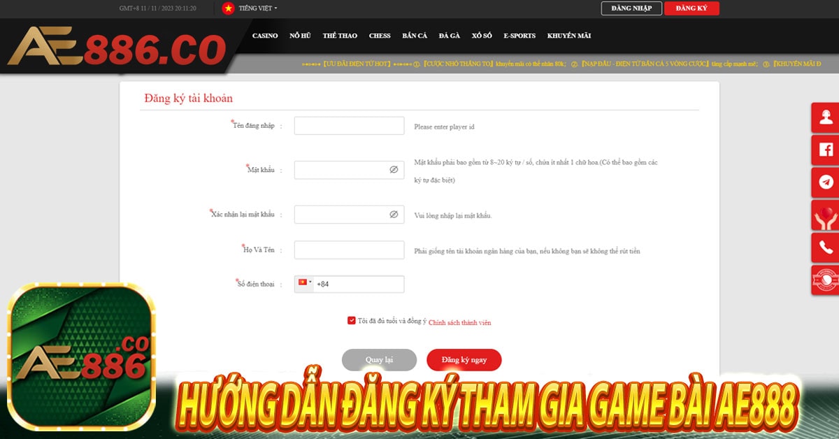 Hướng dẫn đăng ký tham gia game bài Ae888 